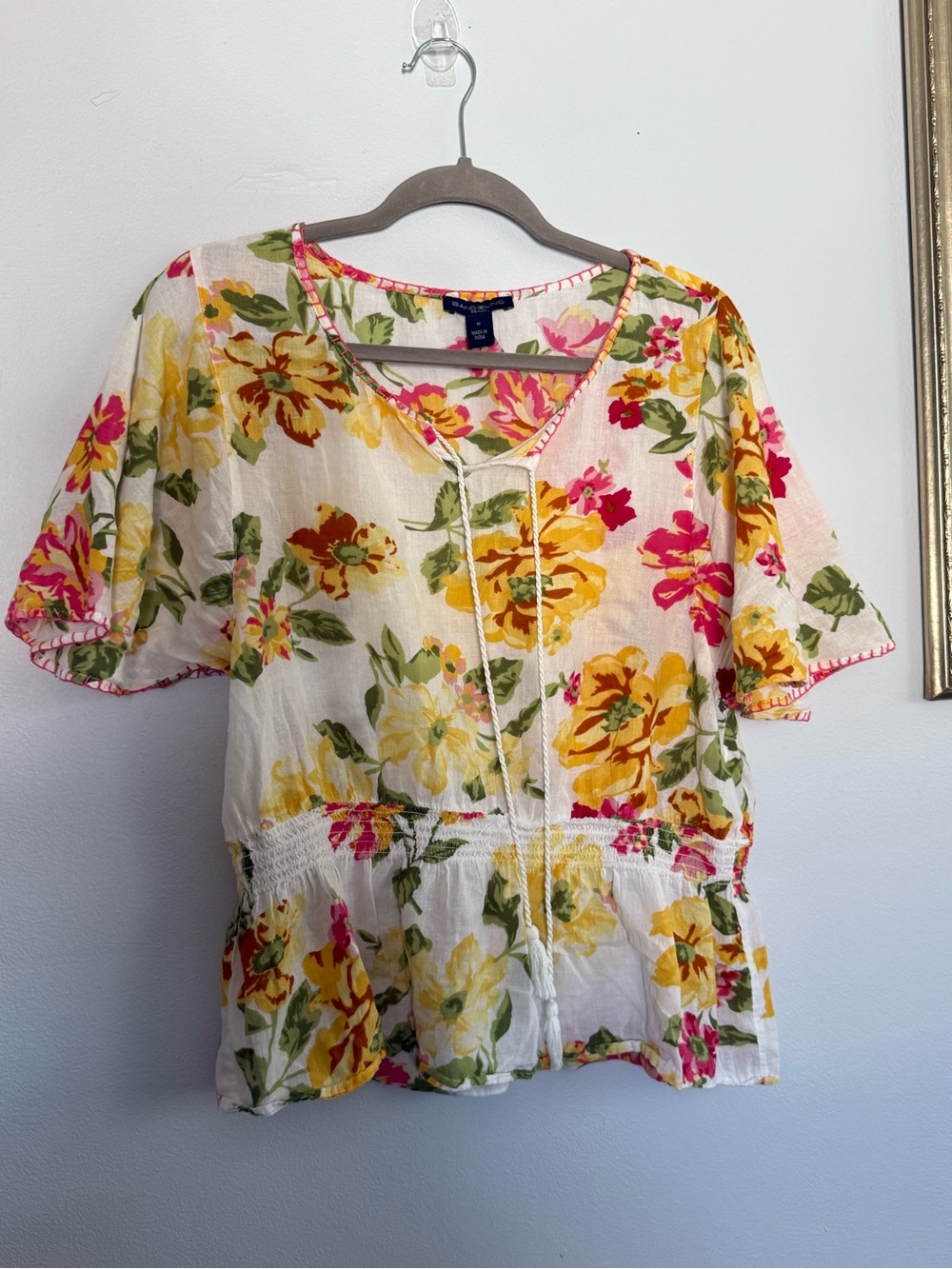 Bandolino White Floral Tie-Neck Peasant Blouse with Yellow & Pink Blooms